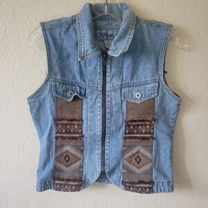 MJ Blue | Denim Vest Tribal Pattern Size M Southwestern Cowgirl Zip Up Rodeo